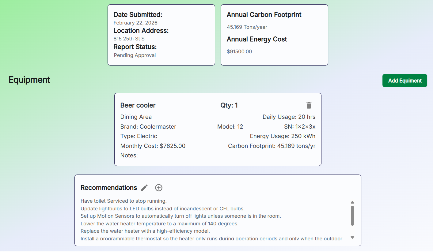 Energy Audit Portal showing completed facility audit with automated carbon footprint calculations and cost analysis