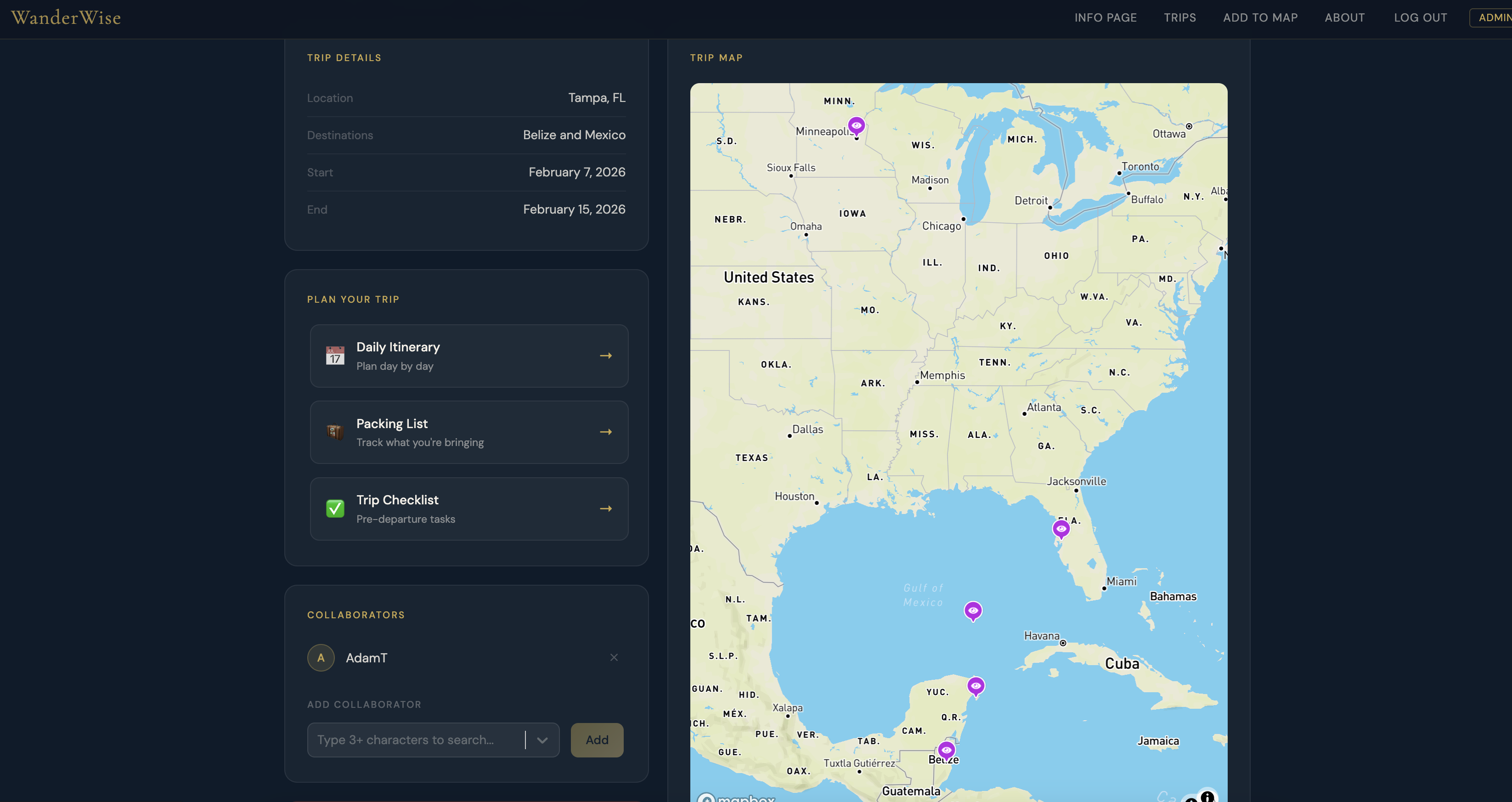 WanderWise travel planning app โ dark navy UI with trip dashboard